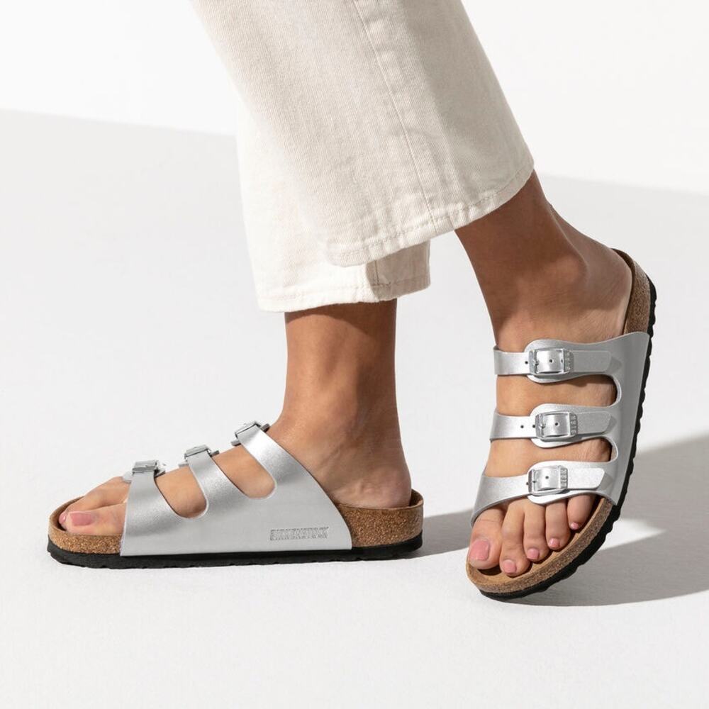Birkenstock Florida Birko-Flor Silver Triple Buckle Slip on Metallic Sandals 39